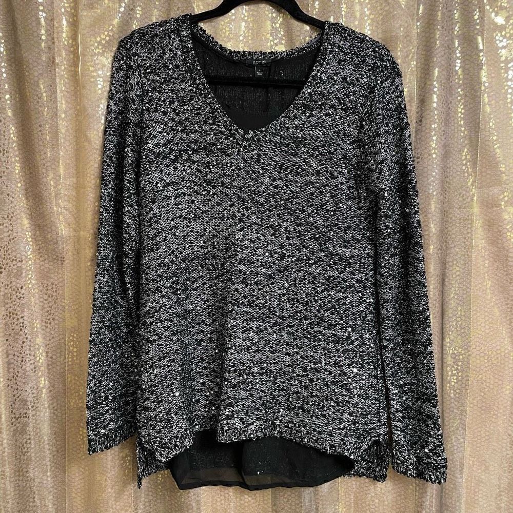 Apt. 9 Sparkly Black Silver Double Layered Sequin Long Sleeve Sweater, Large